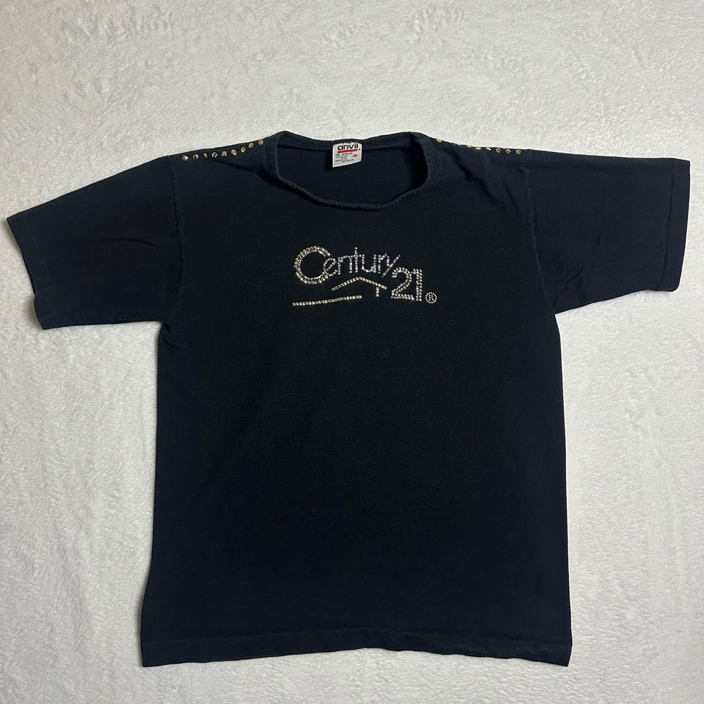 Vintage Anvil Century 21 Rhinestone Studded Black T-Shirt Womens Medium USA Made